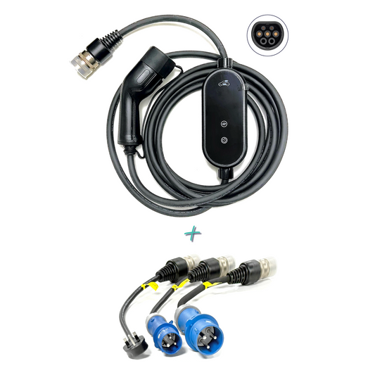 All-in-One EV Mobile Portable (Granny) Charger EVSE & Standard Set (32A-1P) of Interchangeable Connector Adaptor Plug Tails: 3-Pin 10A/13A, industry CEE 16A & 32A single-phase up to 7.4kW