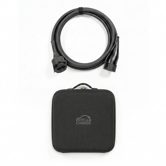Black 32A Type 2 to Type 2 EV extension cable with dust caps. Single or three-phase charger extender, up to 22kW, with Stella Charge storage bag included.