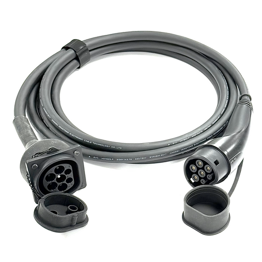 EV Extension Charging Cable 32A (Type 2 Charger Cable Extender) up to 22kW. Available in 5m, 7.5m, 10m lengths with Dust Caps
