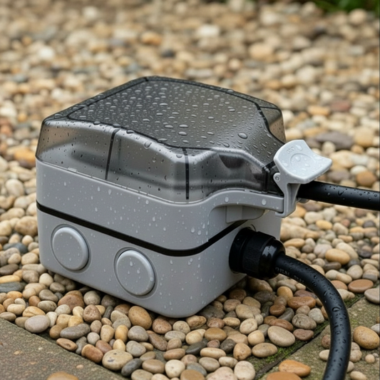Stella Charge EV weatherproof extension lead 3-pin socket outdoor on a concrete surface with water droplets