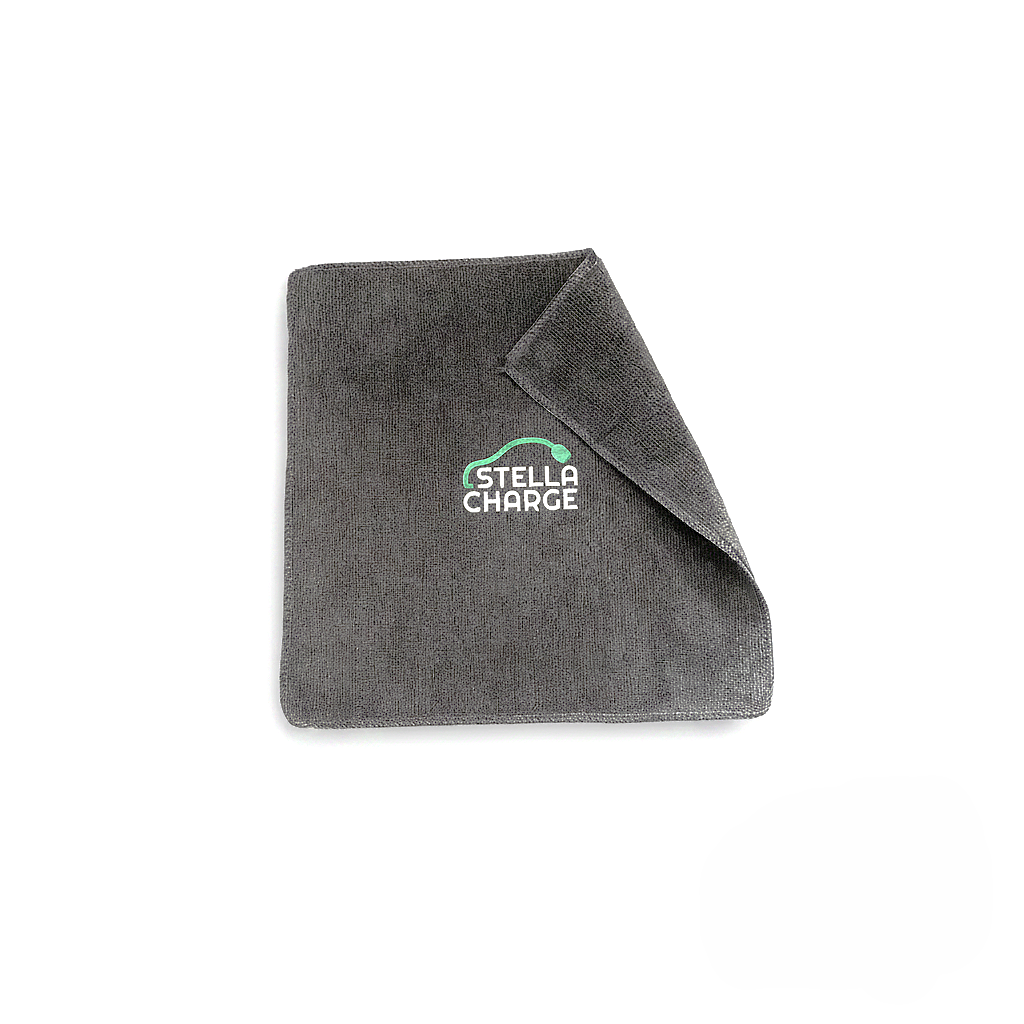 Microfibre cleaning 'wipe down' cloth, in grey, for wiping down dust and rainwater from outdoor electric car chargers and equipment