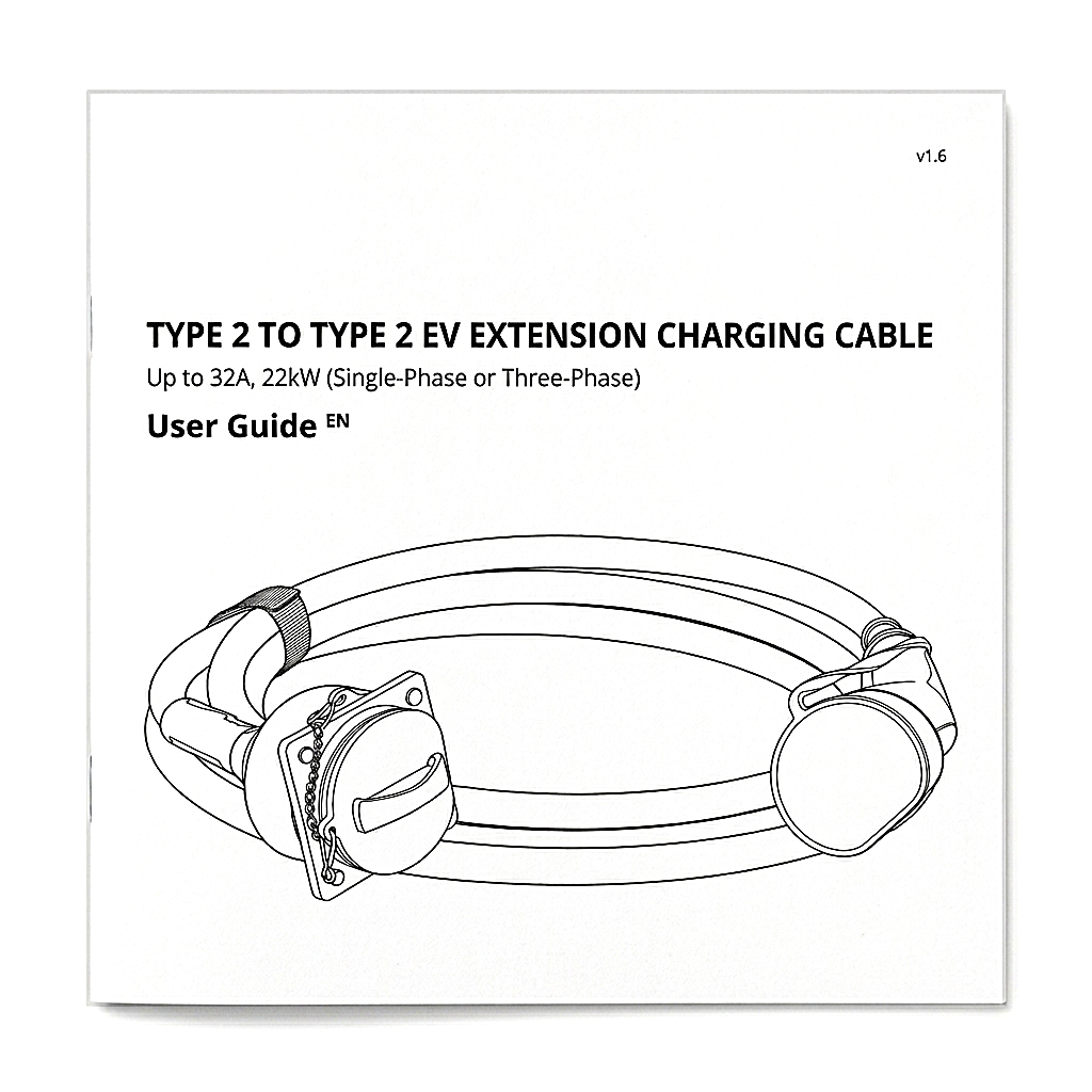 Printed user manual for Stella Charge Type 2 to Type 2 EV extension charging cable, 32A 22kW single and three-phase, flat-lay on white background.