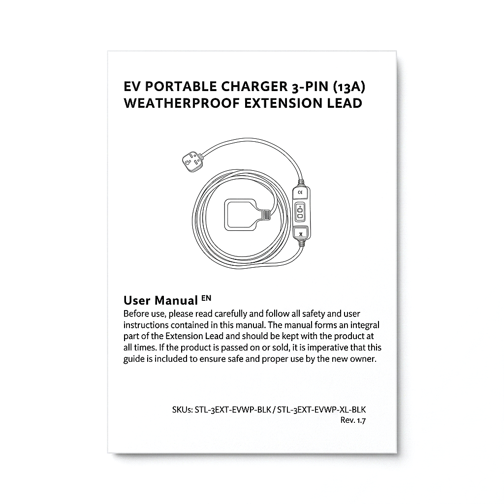 Printed user manual cover included with the Stella Charge 3-pin weatherproof EV extension lead