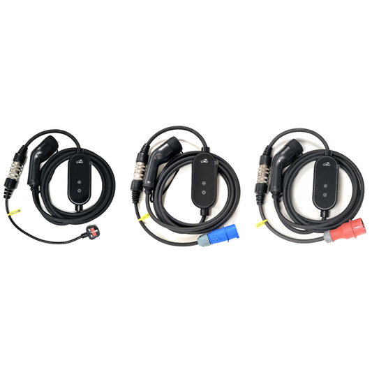 All-In-One EV Portable Charger Type 2 Set to UK 3-Pin, Blue/Red CEE Commando, Schuko Plugs (three-phase, up to 11kW)