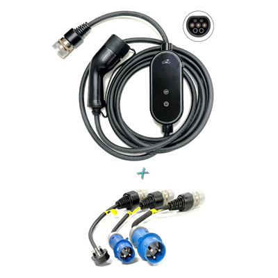 All-in-One EV Mobile Portable (Granny) Charger EVSE & Standard Set (32A-1P) of Interchangeable Connector Adaptor Plug Tails: 3-Pin 10A/13A, industry CEE 16A & 32A single-phase up to 7.4kW