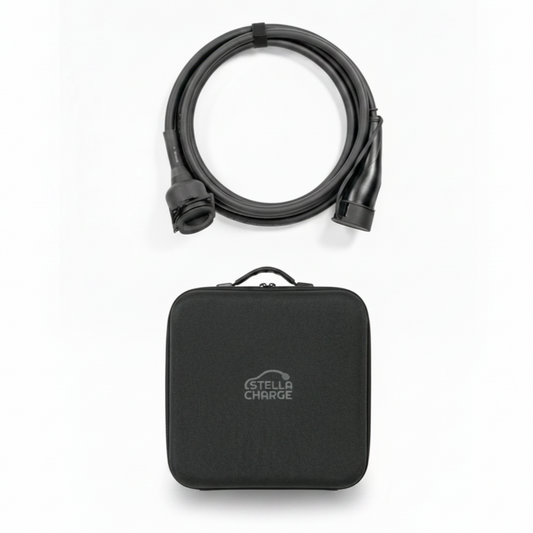 Black 32A Type 2 to Type 2 EV extension cable with dust caps. Single or three-phase charger extender, up to 22kW, with Stella Charge storage bag included.