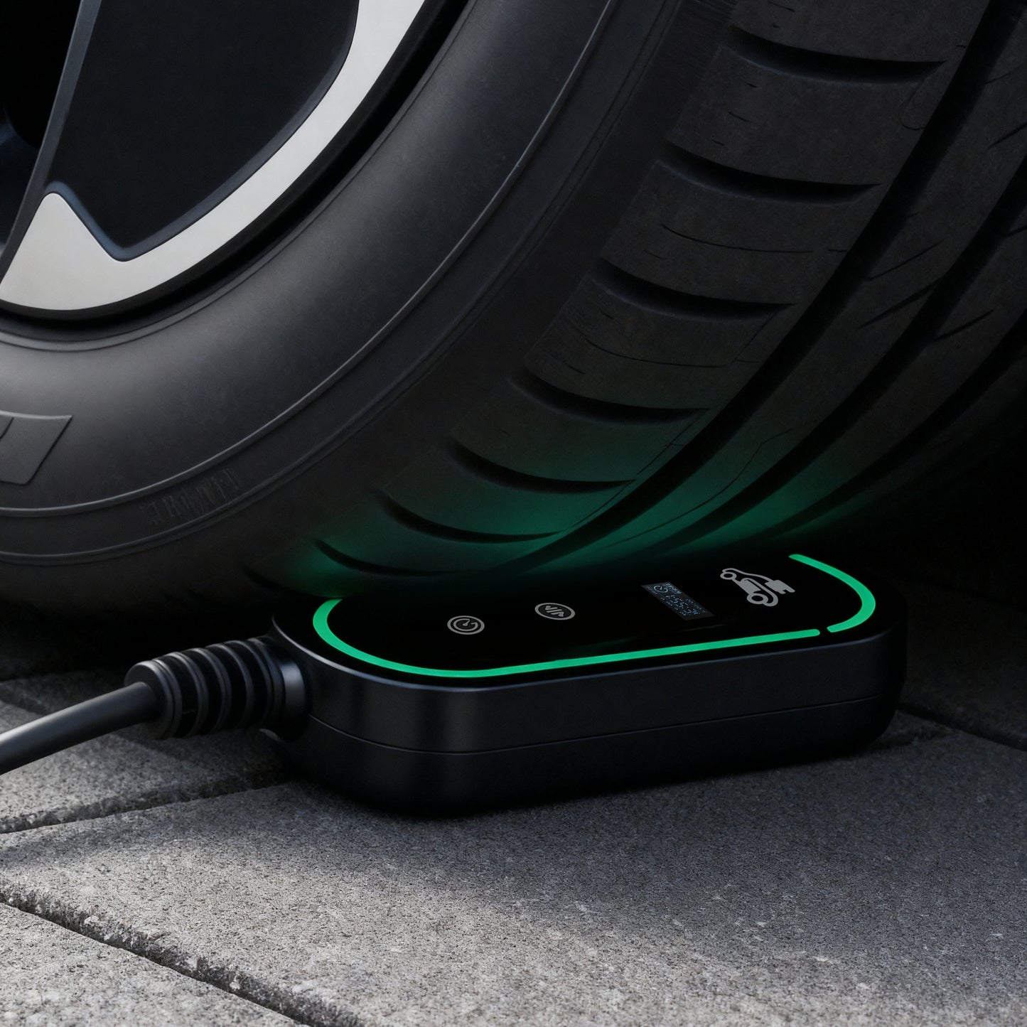 EV portable charger type 2 with swappable plugs, incl. UK 3-Pin (13A), CEE commando & schuko, EVSE material physical performance display