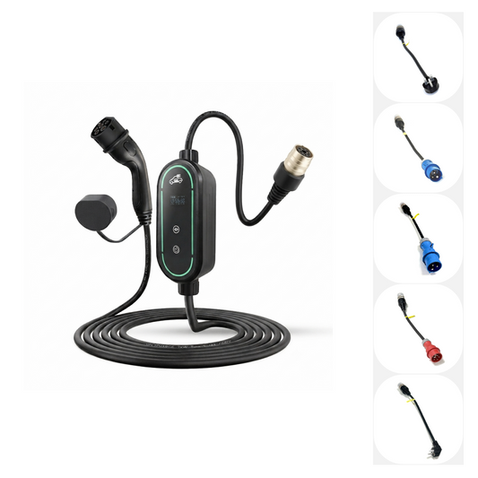 Stella Charge's EV Type 2 Charger Build Your Own Kit (up to 7.4kW or 11kW) with five swappable adaptor plugs: UK 3 Pin 'Granny' cable, Schuko, CEE16 Blue, CEE32 Blue CEE32 Red Commando