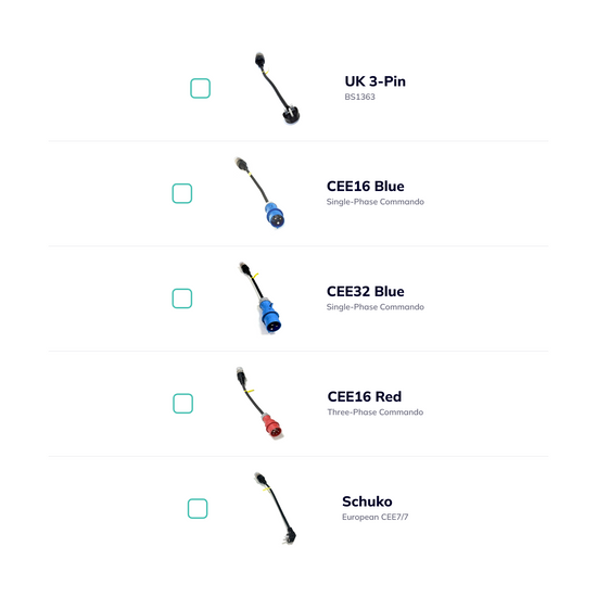 EV Type 2 Charger Build Your Own Kit Plug options - UK 3-Pin (10-13A), 16A Schuko, CEEform 16A or 32A Blue and 16A Three-Phase Red Commando Plugs