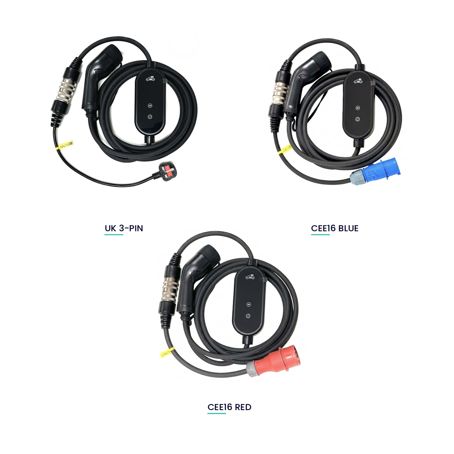 Stella Charge All-In-One Type 2 EV mobile charger with three swappable adaptor plugs: UK 3-Pin, CEE16 Blue Commando, and CEE16 Red Commando (3-phase)