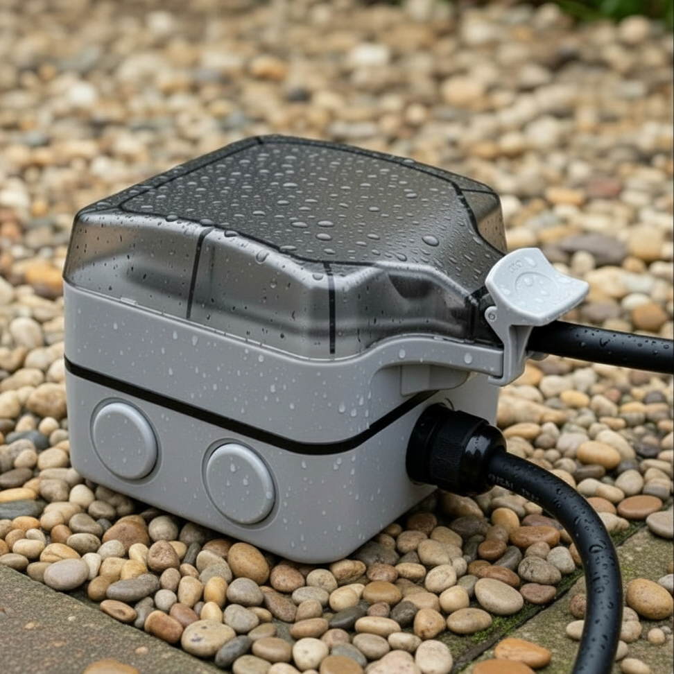 Stella Charge EV weatherproof  extension lead 3-pin socket outdoor on a concrete surface with water droplets 