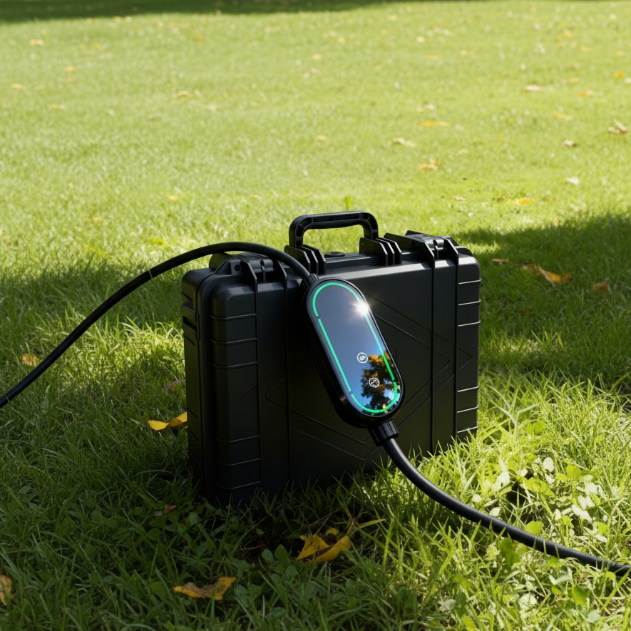 Stella Charge's Type 2 Portable EV charger control box resting against its hard-shell storage case on a lawn