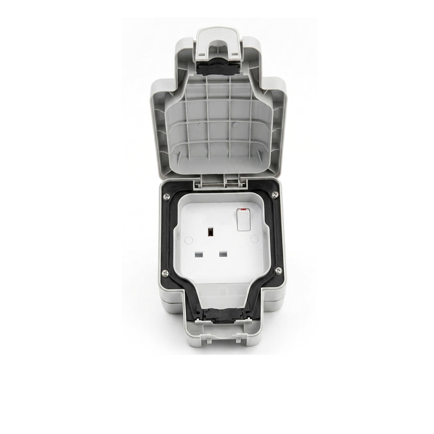 Stella Charge's EV 3-pin charger letterbox extension lead 13A switched socket enclosure with cover open