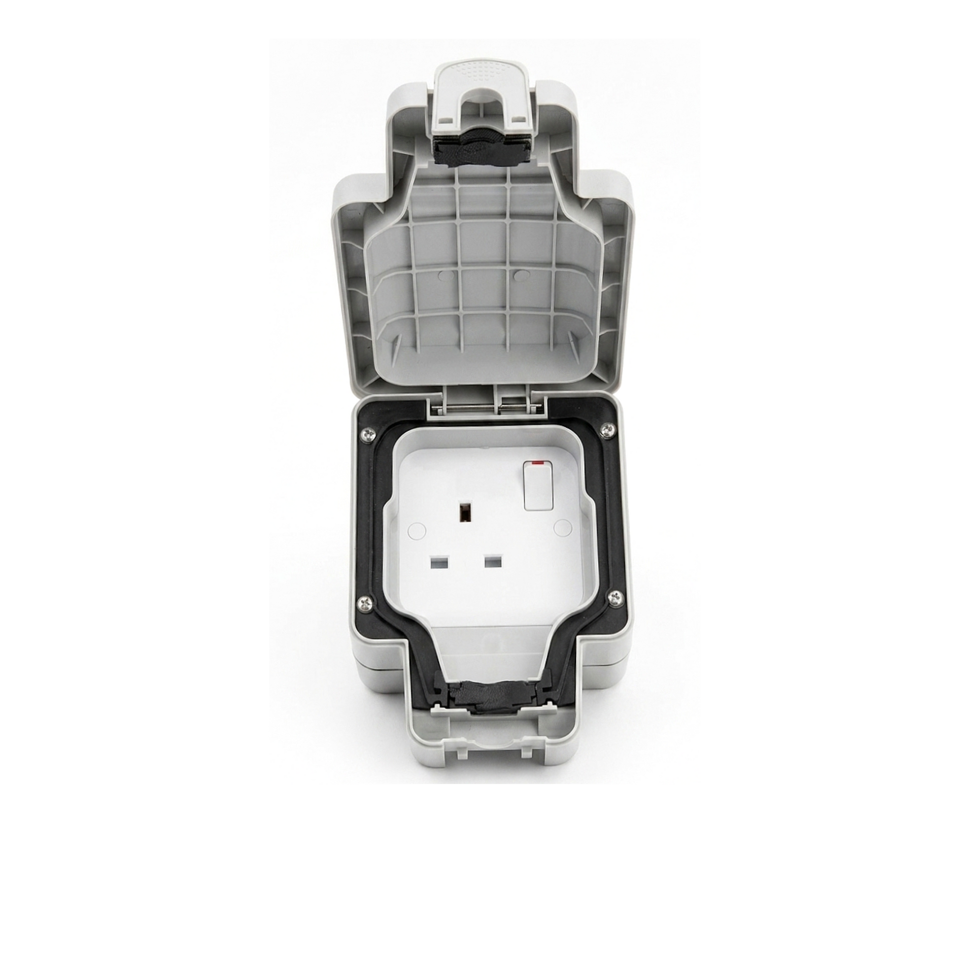 Stella Charge's EV 3-pin charger letterbox extension lead 13A switched socket enclosure with cover open