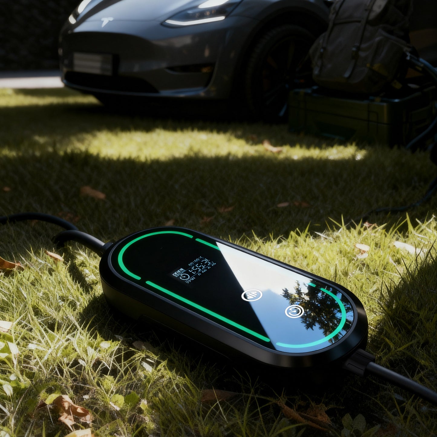 Stella Charge All-In-One Type 2 Portable EV Mobile Charger with LED display, placed on grass outdoors