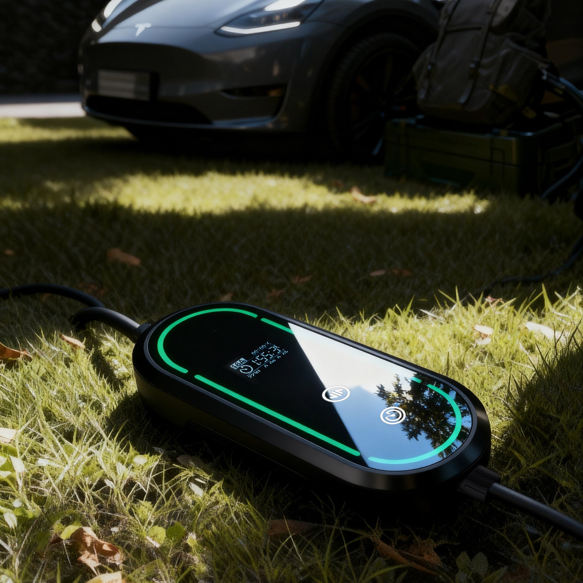 Stella Charge All-In-One Type 2 Portable EV Mobile Charger with LED display, placed on grass outdoors