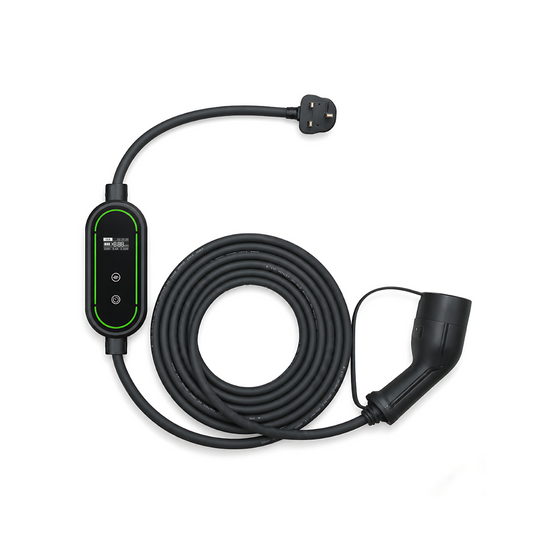 Type 2 to 3-Pin (UK) EV Portable Charger, with OLED display screen, adjustable current and delay timer controls, built-in temperature sensor.