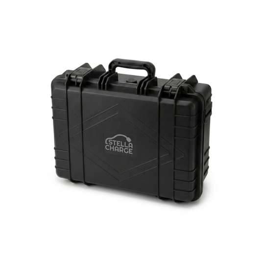 Stella Charge's branded hard-shell protective storage case, for EV charger and cables (up to 25m), in black, heavy-duty weatherproof and impact resistant