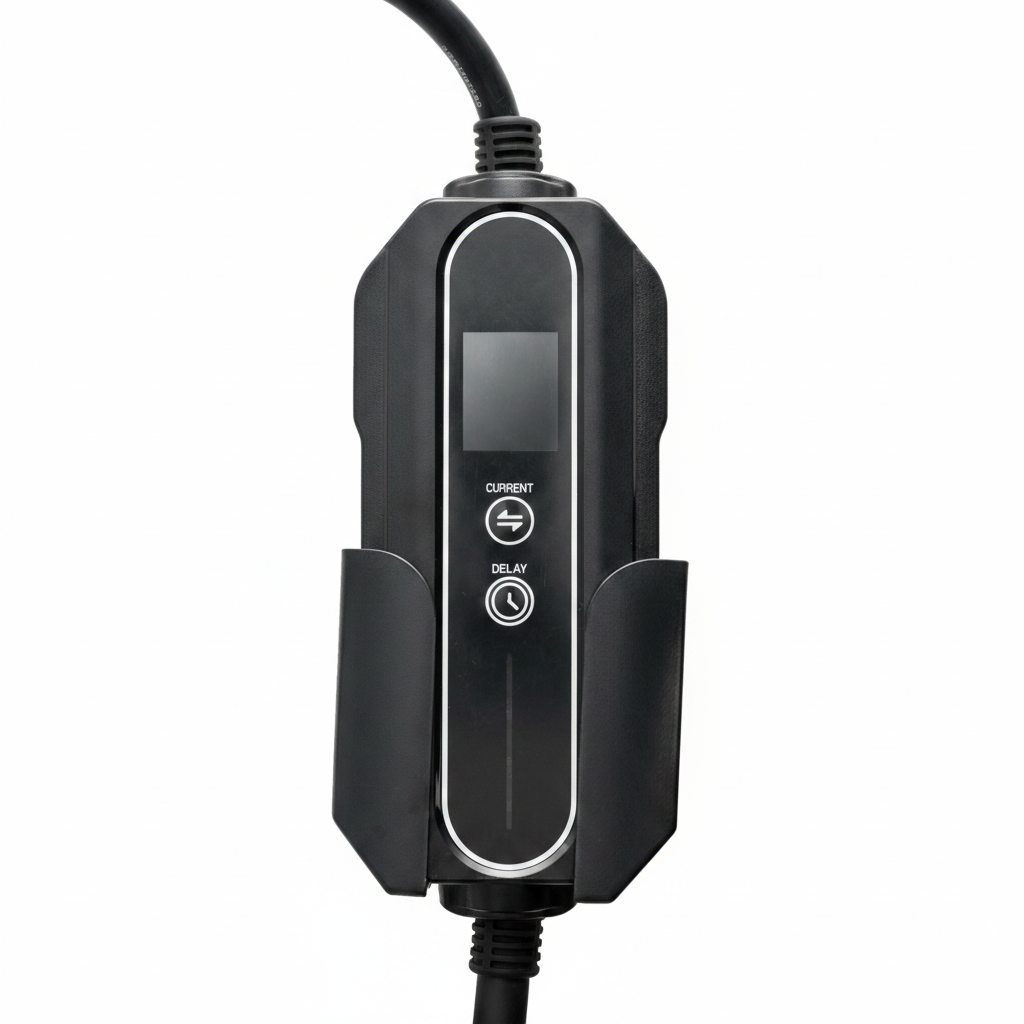 Close-up of the EV charger's LCD (display screen) control unit with touch buttons for current adjustment and delay timer