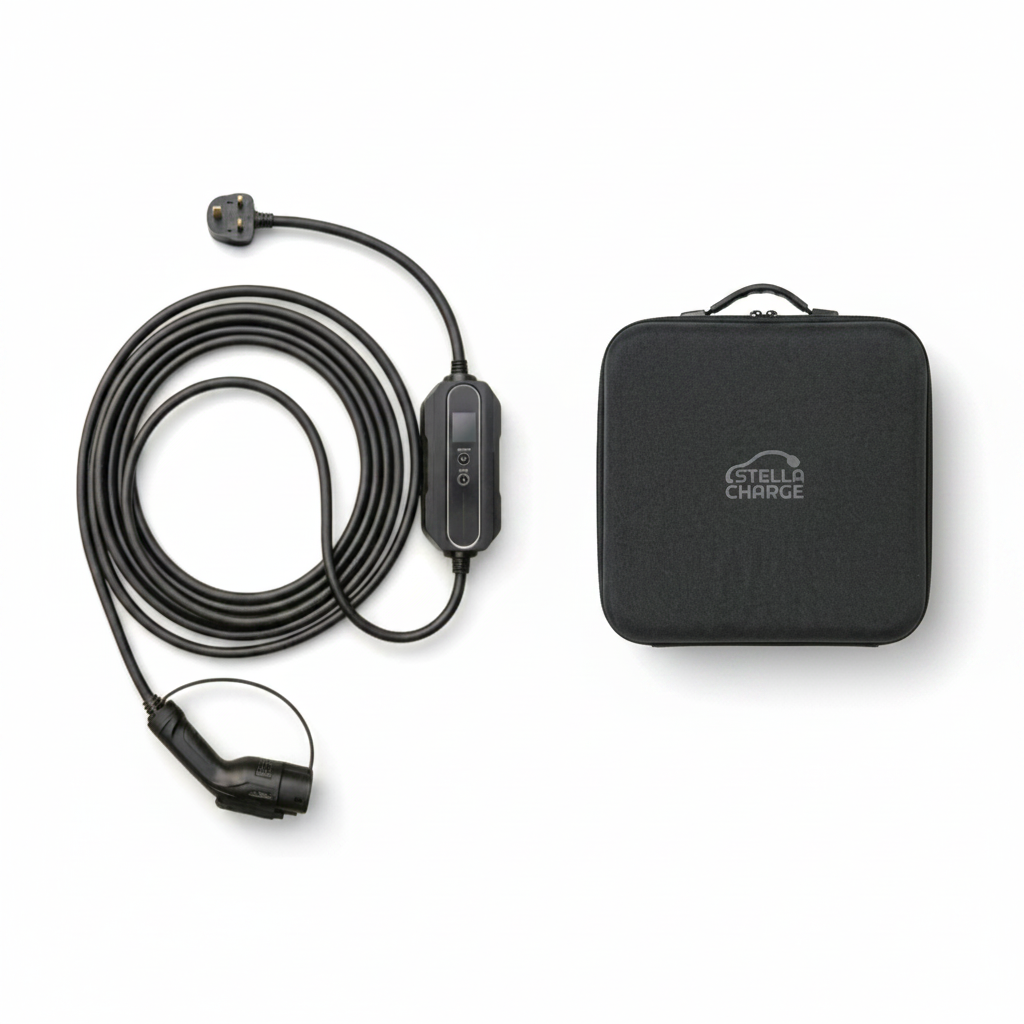 Stella Charge Type 2 EV portable charger with UK 3-pin plug coiled beside its branded weatherproof carry bag