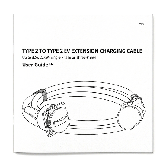 Printed user manual for Stella Charge Type 2 to Type 2 EV extension charging cable, 32A 22kW single and three-phase, flat-lay on white background.