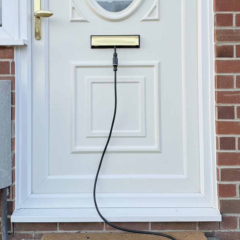 EV letterbox charging extension lead through a front door