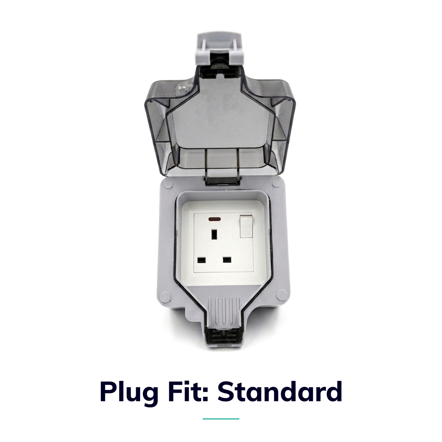 Stella Charge Plug Fit Standard weatherproof outdoor socket enclosure with hinged clear lid open, housing a UK 13A switched socket