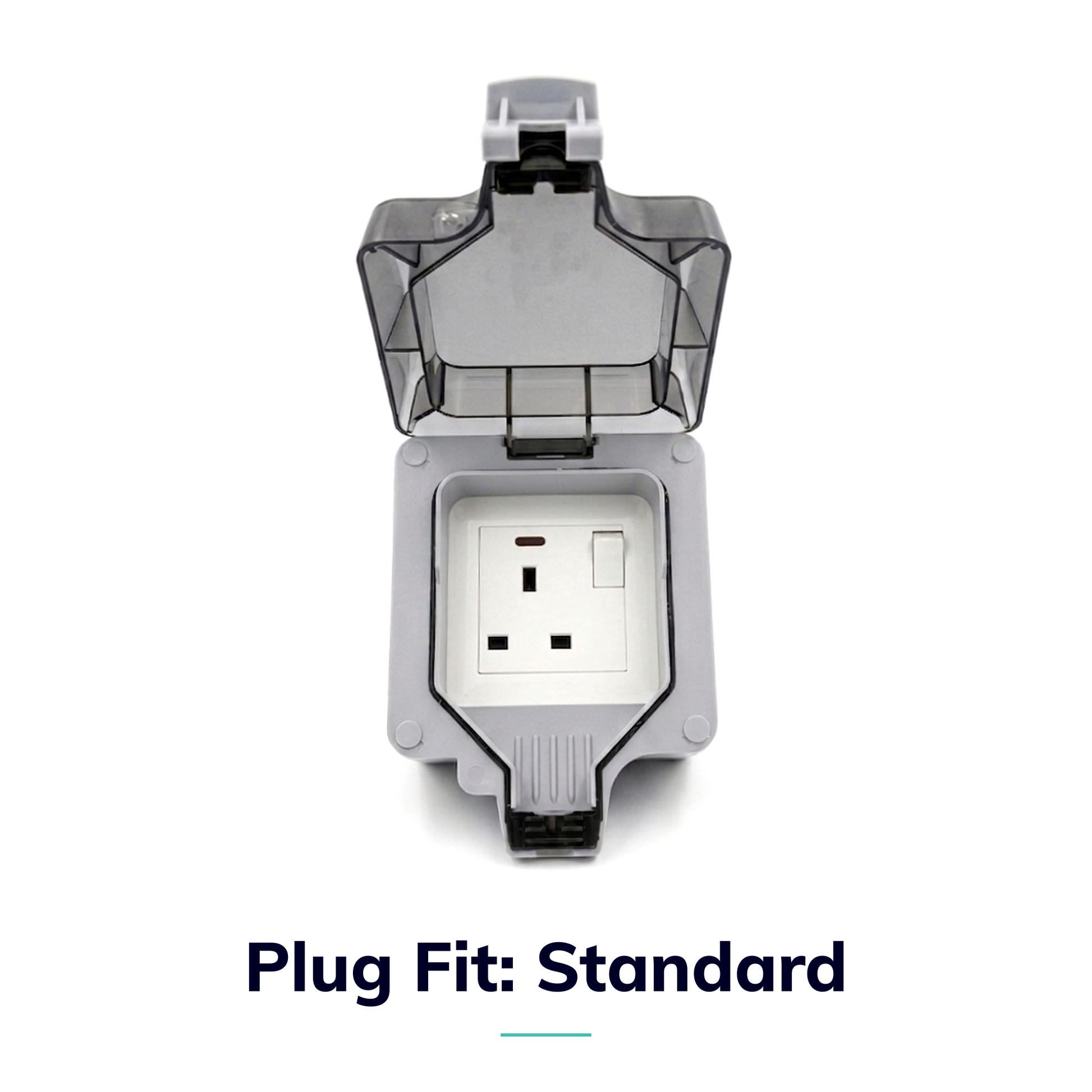 Stella Charge Plug Fit Standard weatherproof outdoor socket enclosure with hinged clear lid open, housing a UK 13A switched socket