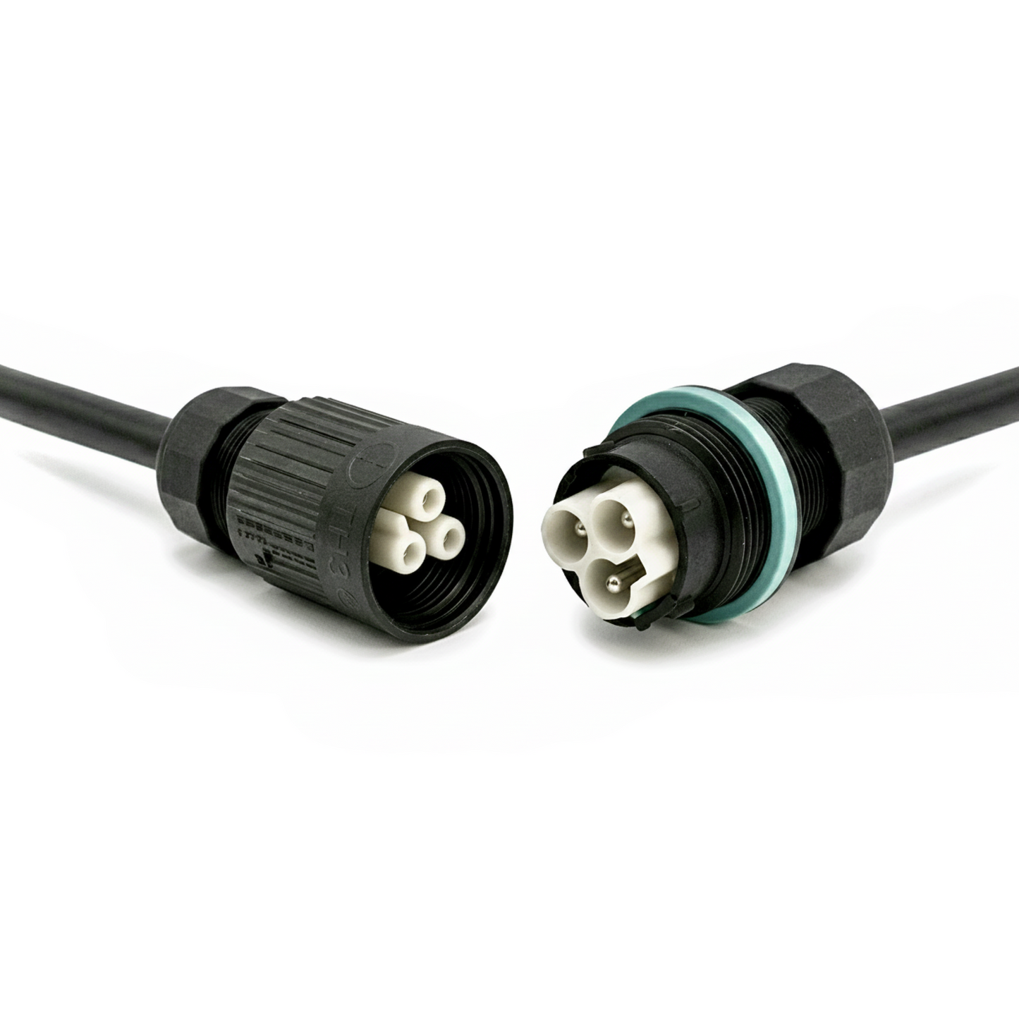 Weatherproof in-line connector of the EV letterbox charging extension lead shown unplugged, with the female half (socket) and green-sealed male plug