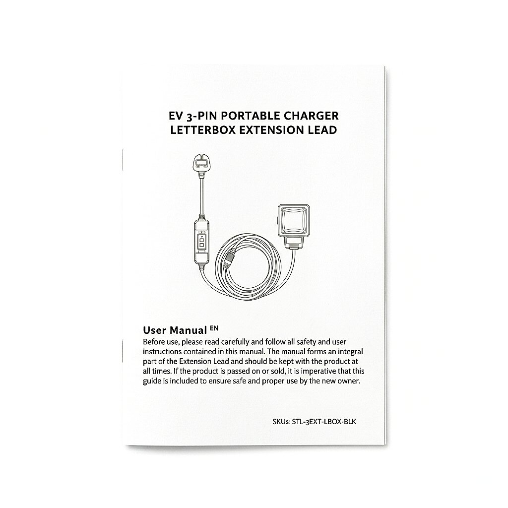 Front cover of the printed user manual for the EV letterbox charging extension lead, showing the product line drawing and safety guidance