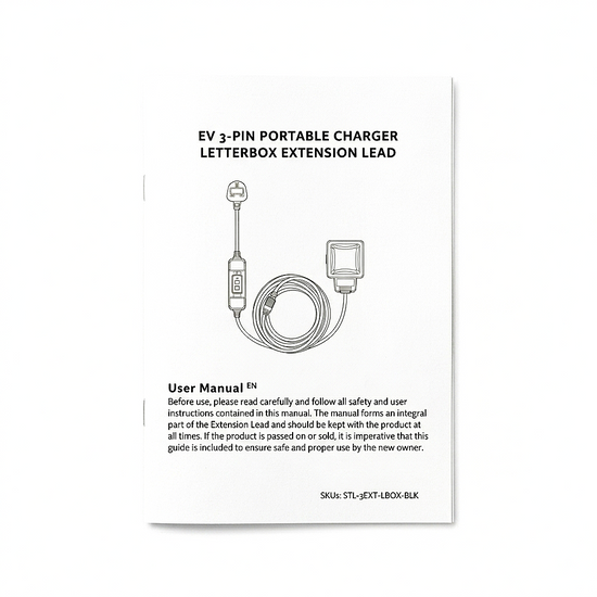 Front cover of the printed user manual for the EV letterbox charging extension lead, showing the product line drawing and safety guidance