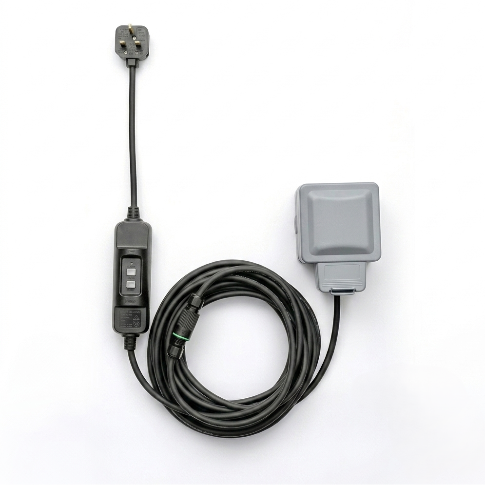 EV letterbox charging extension lead with UK 3-pin plug, inline RCD safety unit, letterbox adaptor, and weatherproof outdoor socket, coiled on a white background