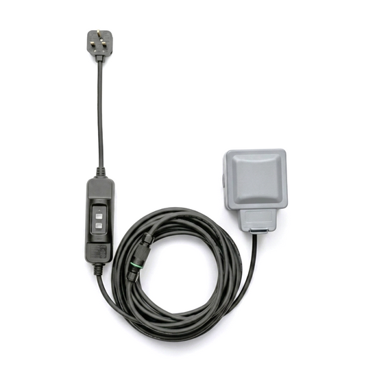 EV letterbox charging extension lead with UK 3-pin plug, inline RCD safety unit, letterbox adaptor, and weatherproof outdoor socket, coiled on a white background