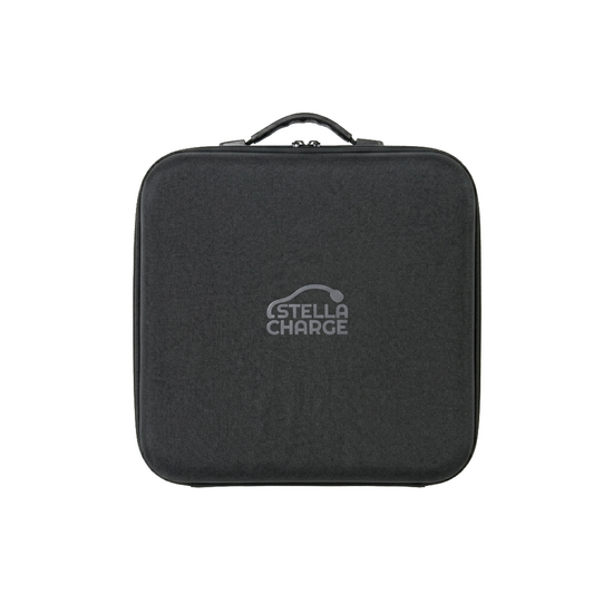 Stella Charge black hardcase carry bag for EV charging cables and chargers, featuring a top handle and central logo.