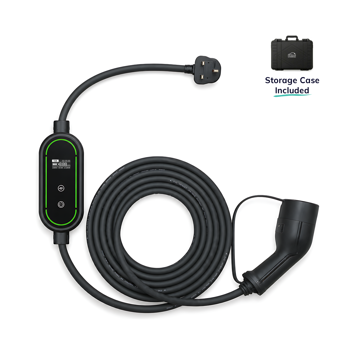 Type 2 to 3-Pin (UK) EV Portable Charger, with OLED display screen, adjustable current and delay timer controls, built-in temperature sensor. Hard-Shell Weatherproof Protective Case included