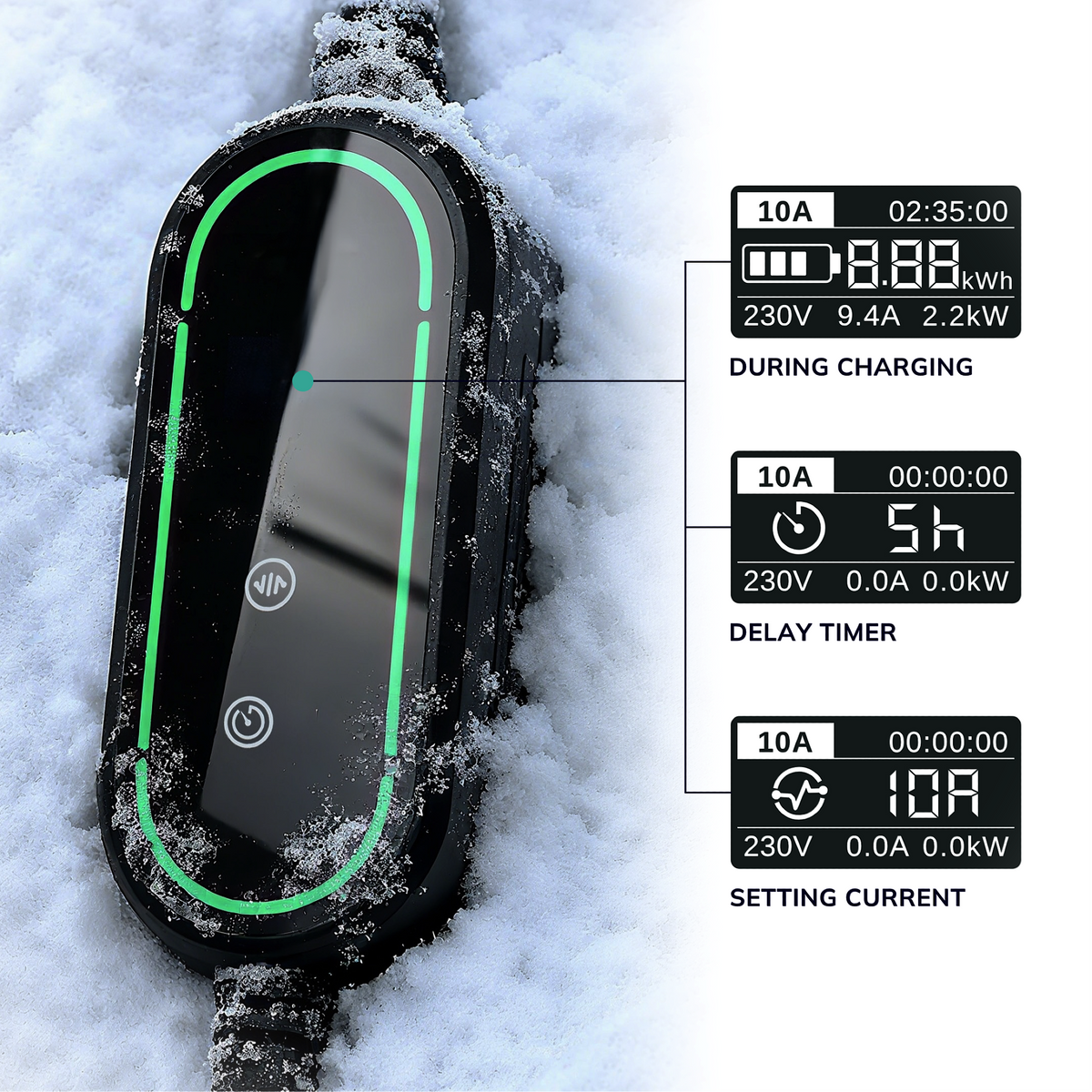 Stella Charge's IP67 weatherproof portable EV charger control box in snow, with OLED screens for charging, delay timer and adjustable current