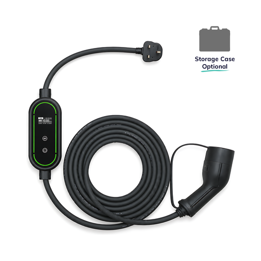 Type 2 to 3-Pin (UK) EV Portable Charger, with OLED display screen, adjustable current and delay timer controls, built-in temperature sensor. Hard-Shell Weatherproof Protective Case optional.