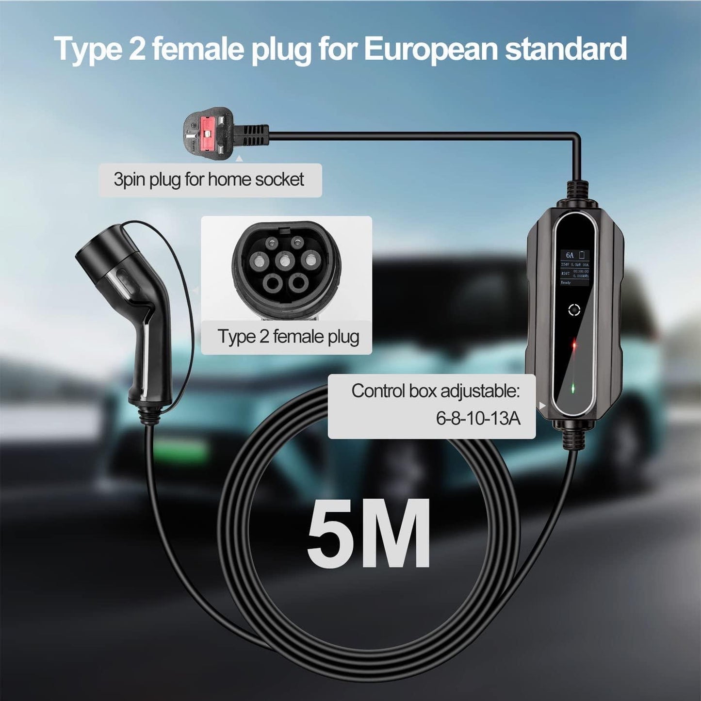 EV Portable Charger Type 2 with LCD Screen  UK 3 Pin Plug  Current Adjustable
